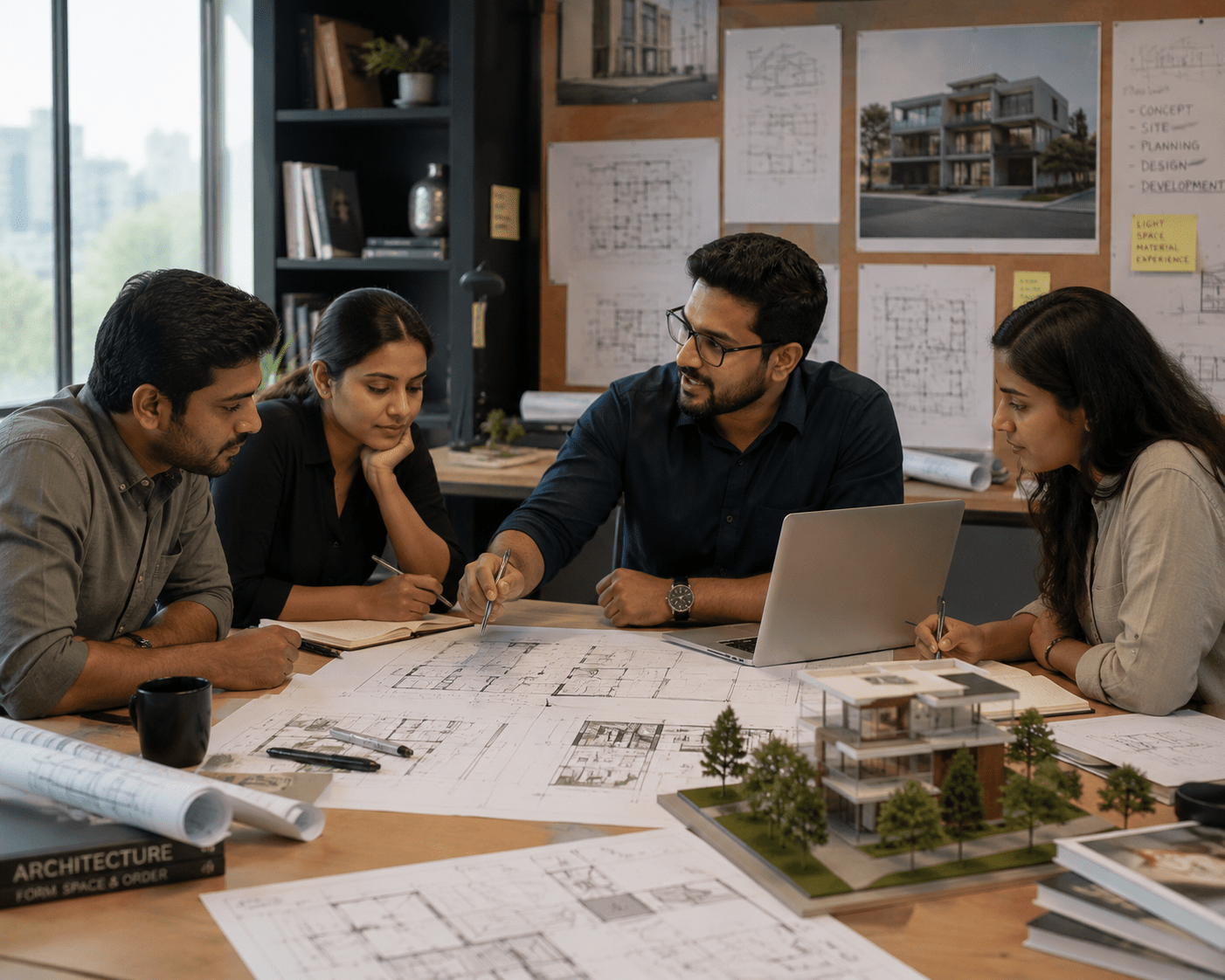 Architect reviewing residential design drawings in Jaipur studio