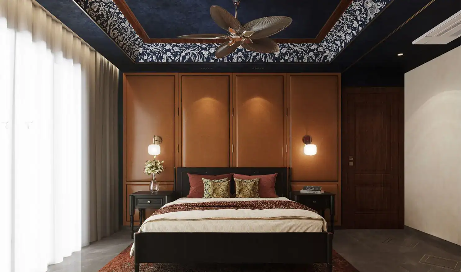 3D render of a bedroom with saffron leather wall panels, indigo ceiling with block-print border and black wooden bed