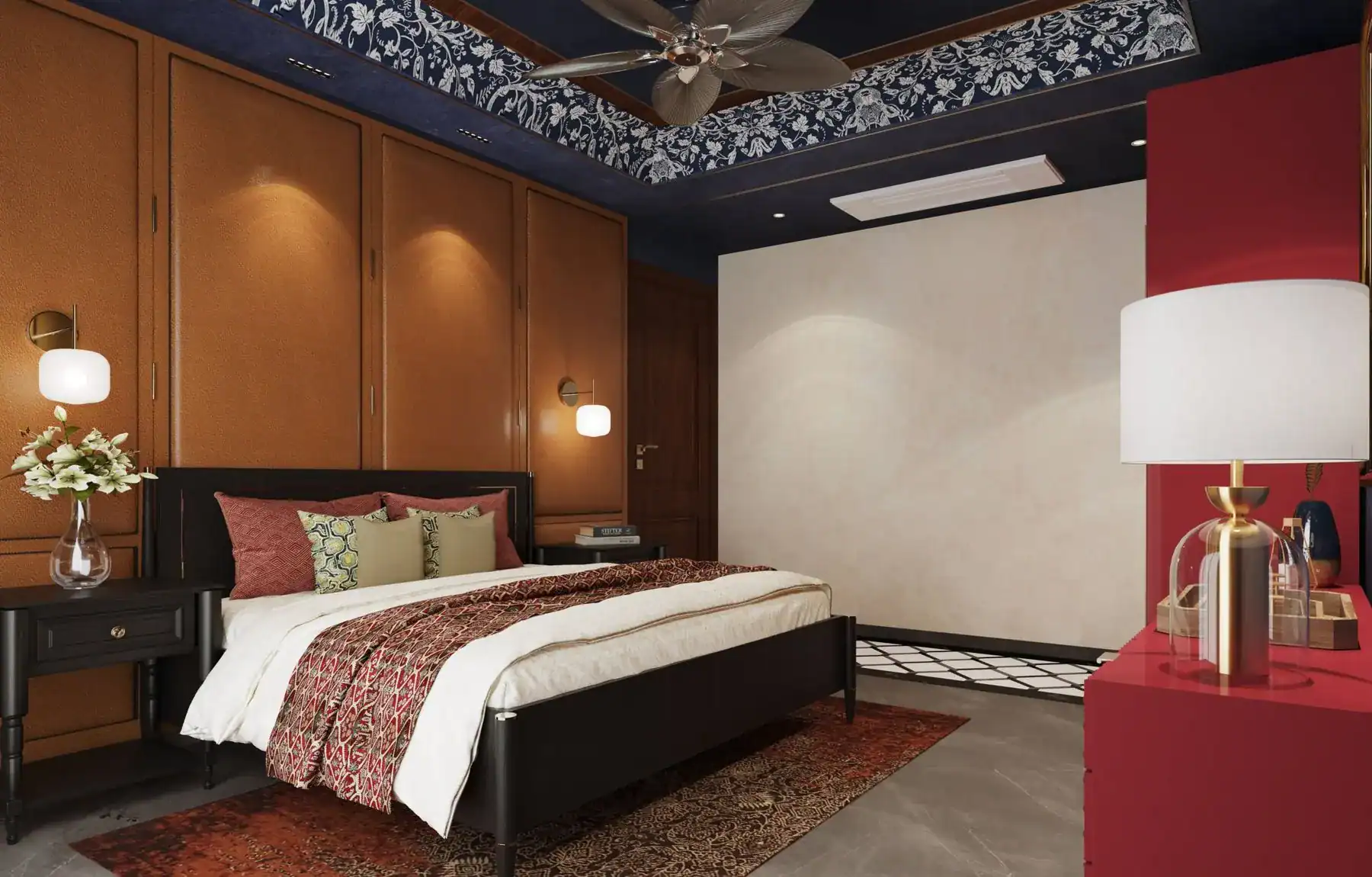 Bedroom with indigo ceiling and white block-print border, saffron leather wall panels, black wooden bed and red lacquer chest