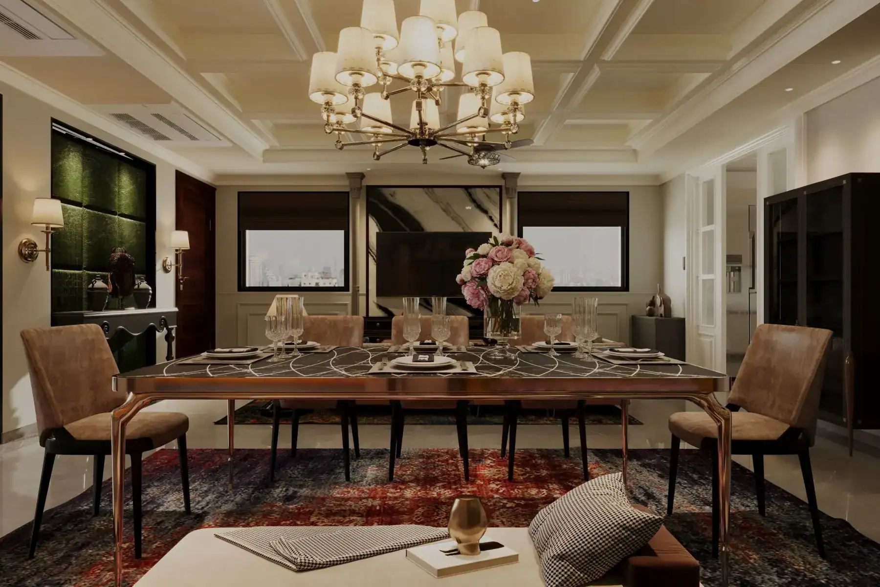 Dining room with black marble table on a rose-gold base, suede chairs and a tiered shaded chandelier