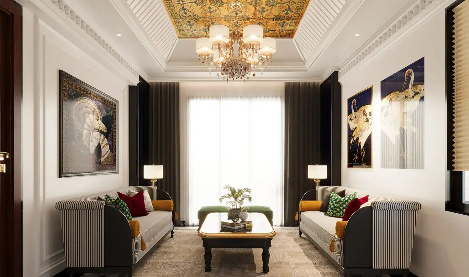 Drawing room with gilded painted ceiling, crane artwork panels, striped sofas and emerald velvet ottomans