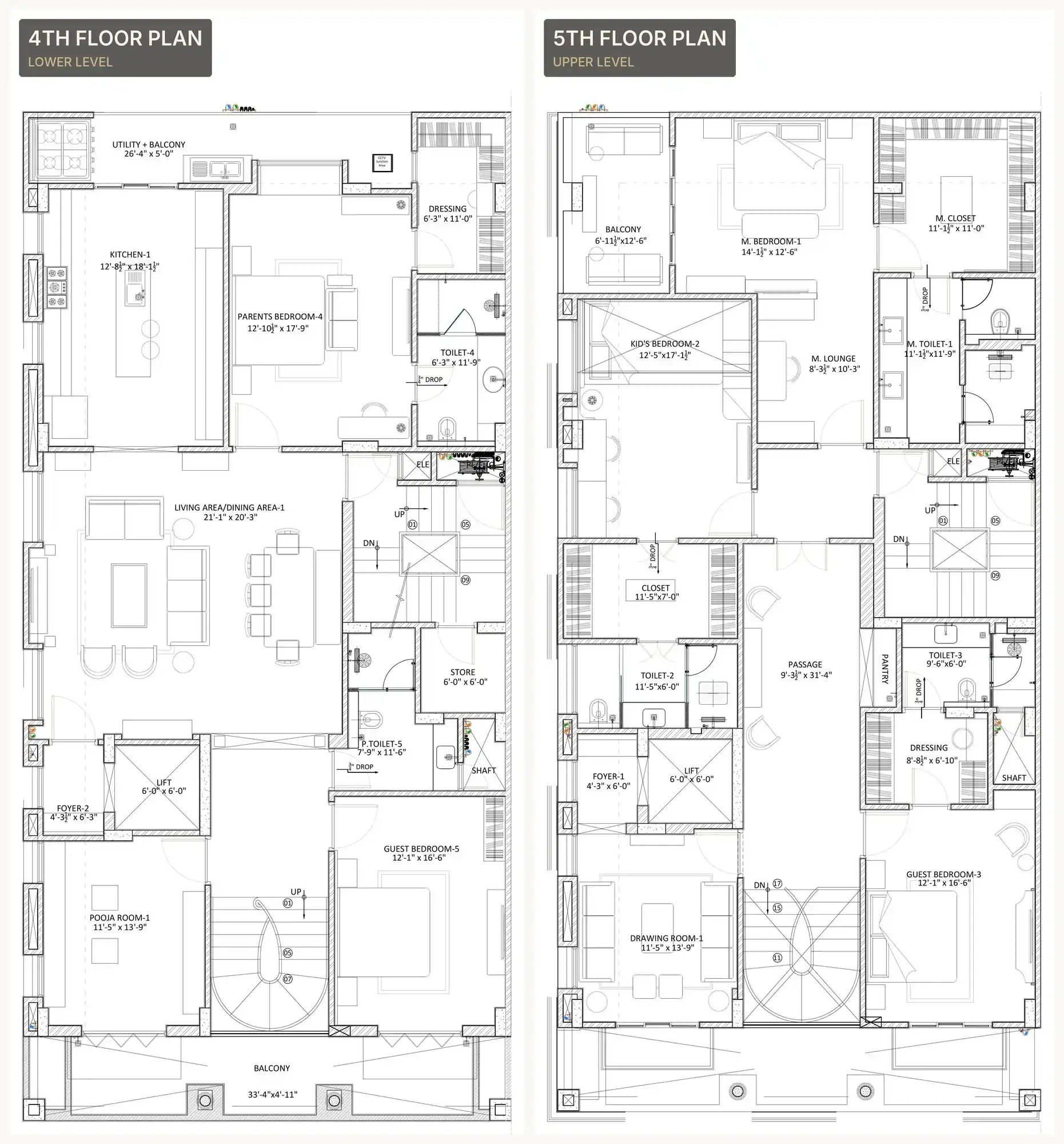 Furnished floor plans of a duplex penthouse in Jaipur, fourth and fifth floors