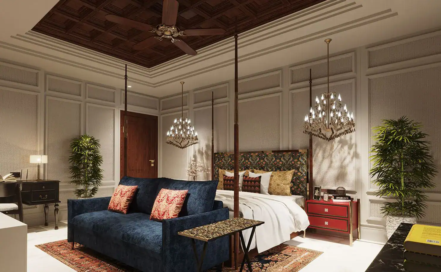 Bedroom with a four-poster wooden bed, dark wooden coffered ceiling, crystal chandeliers and navy velvet sofa