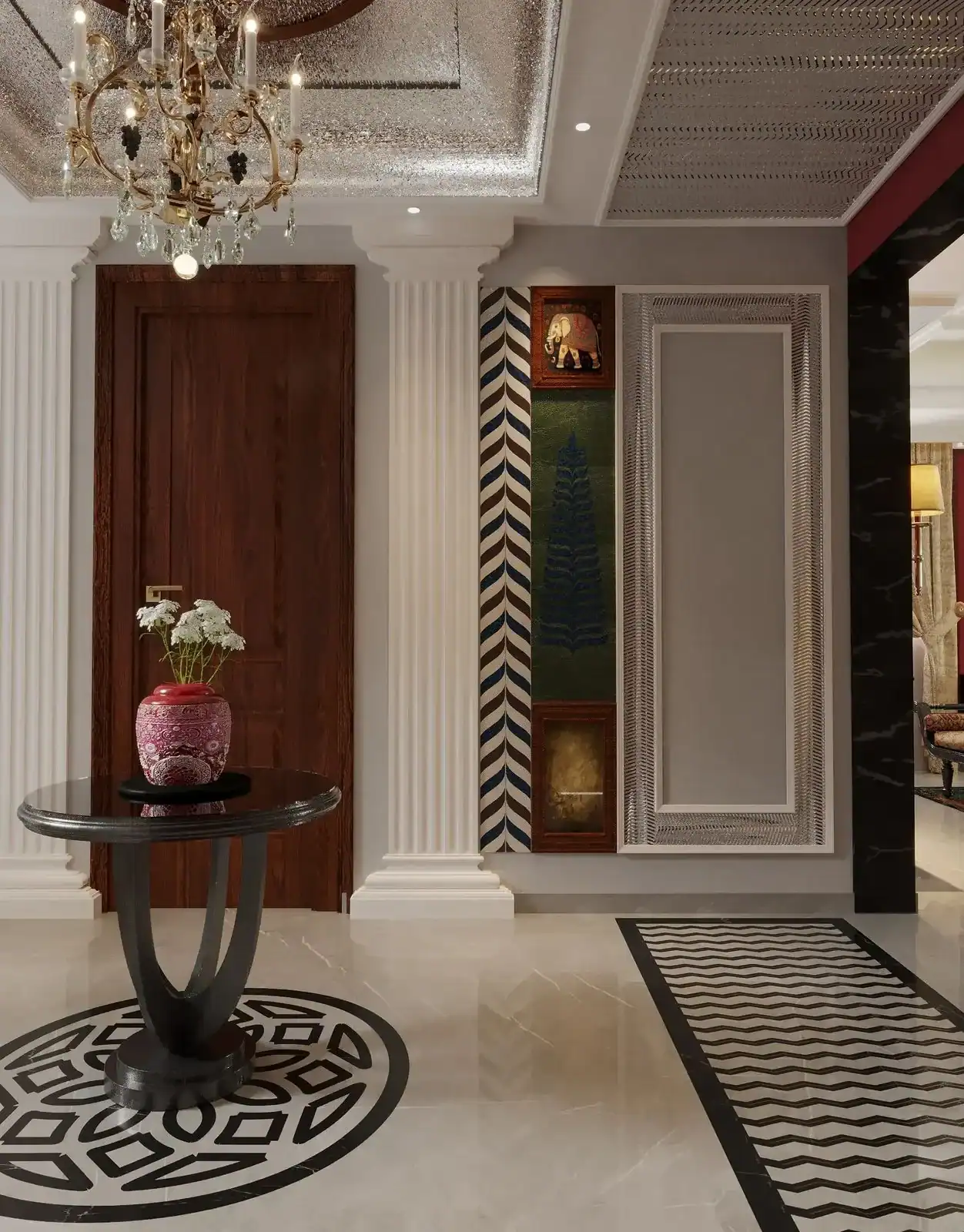 Foyer with a black and white marble inlay medallion floor, chevron marble runner, fluted white pilasters and a wooden door