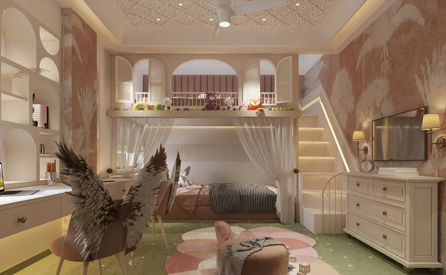 Girl's bedroom with a loft bed, arched wooden shutters, curtained bed nook below and lit storage stairs