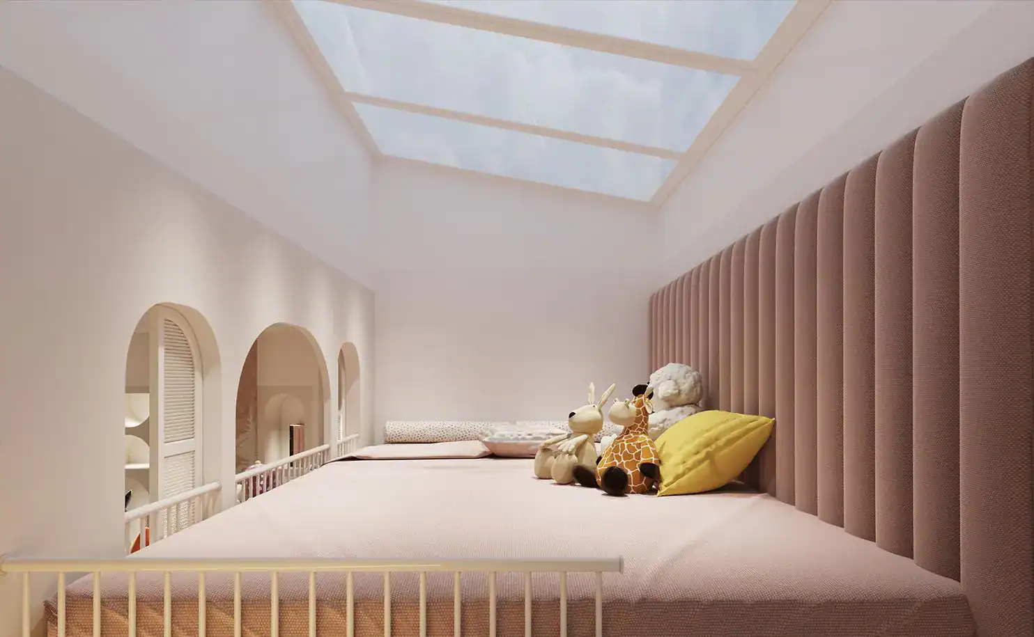 Loft play area in a children's room with skylight, pink upholstered wall panels and soft toys