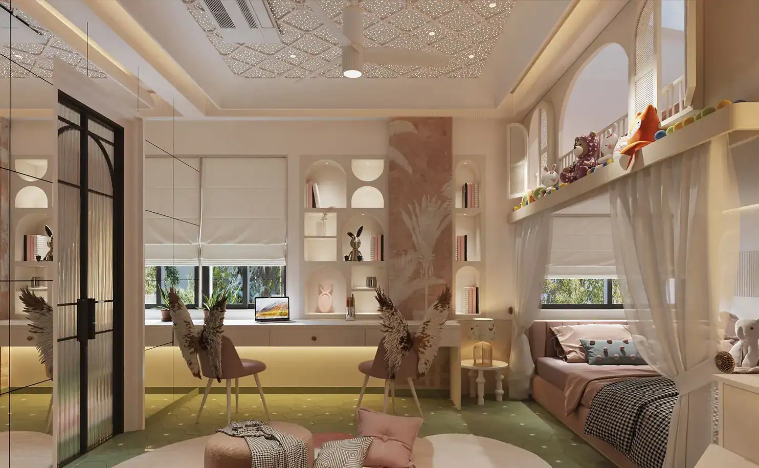 Children's study wall with arched shelving niches, long desk, feather-winged chairs and green hexagonal floor