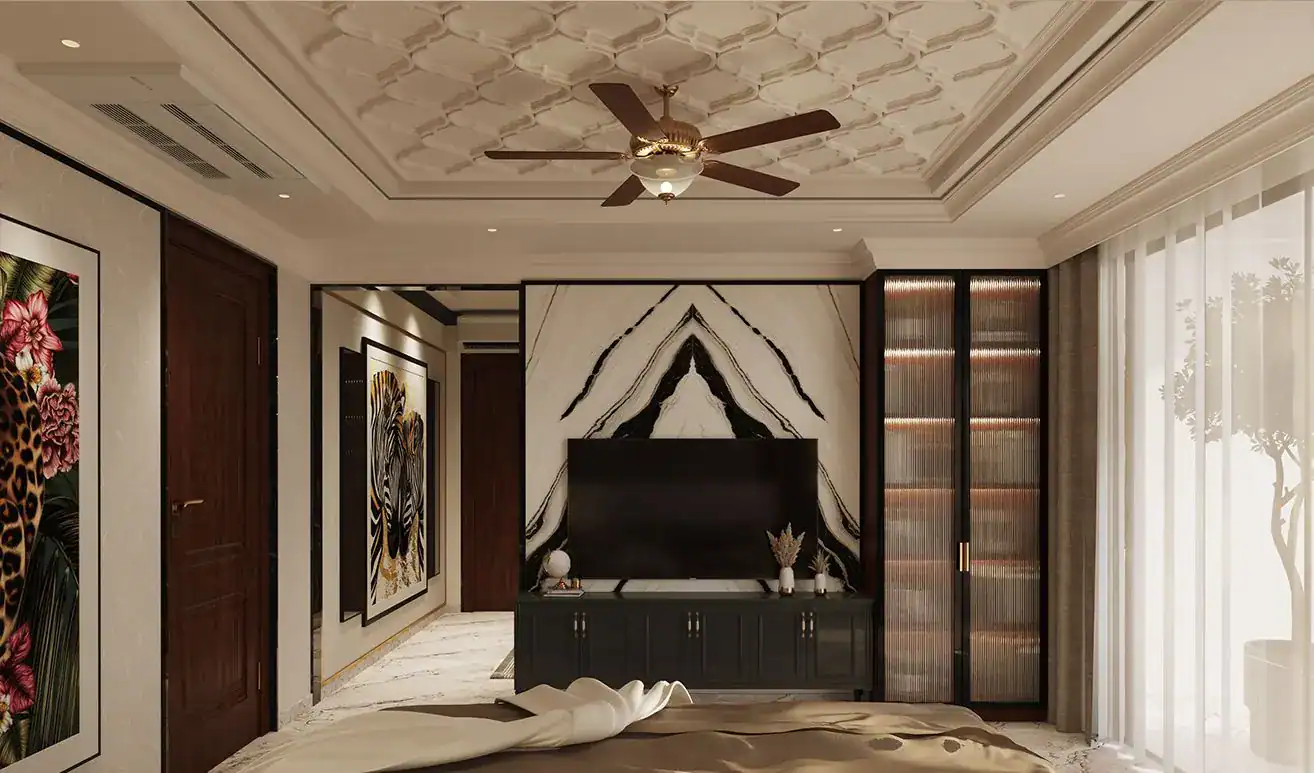 Master bedroom with book-matched black and white marble TV wall, scalloped plaster ceiling and fluted glass wardrobe