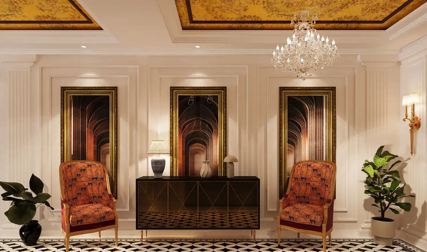 Upper floor lobby with black and white marble floor, gold painted ceiling panels and arch artworks